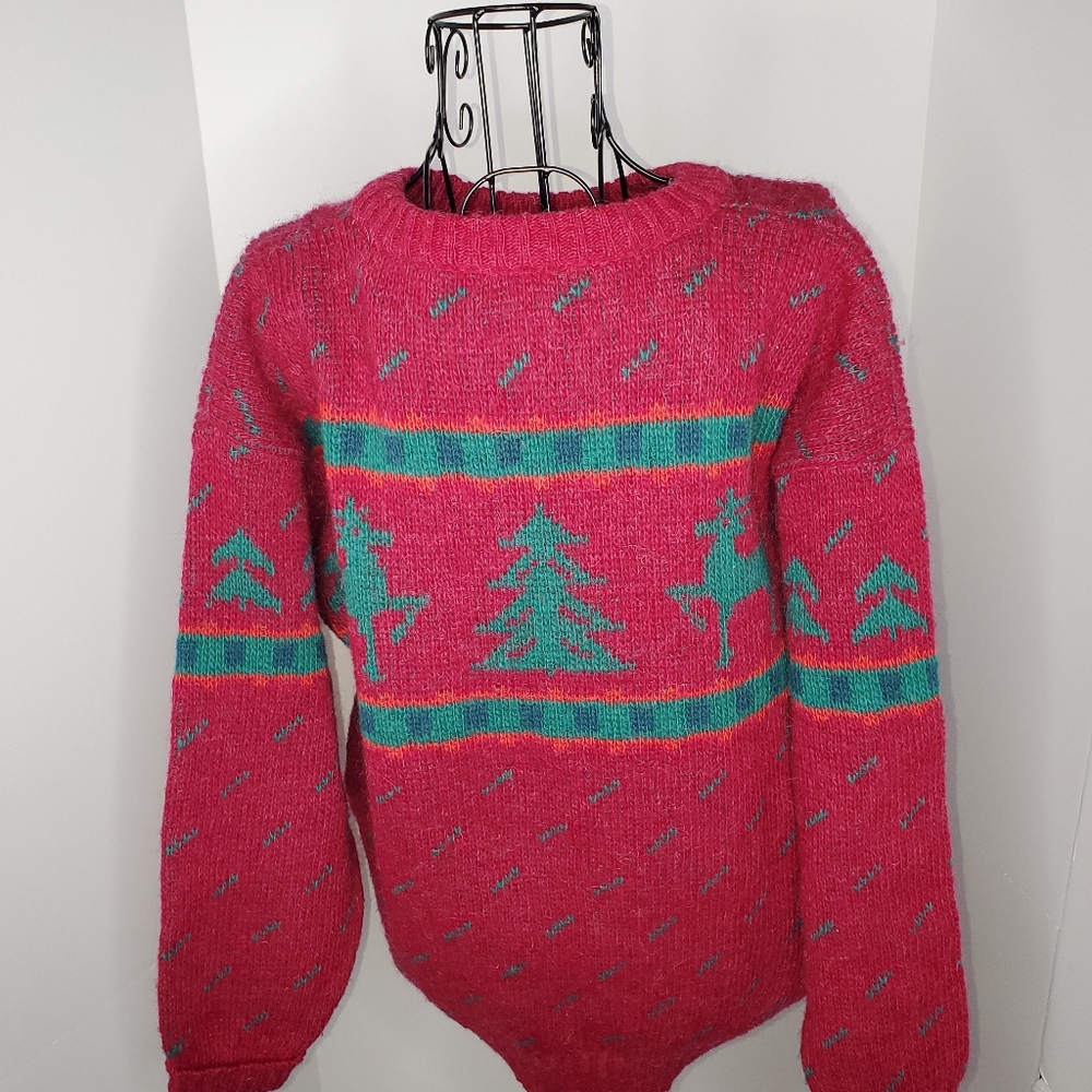 Women’s Crewneck Holiday Sweater in Pink with Teal Motif
